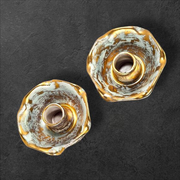 Vintage Stangl 22K Gold Candle Holders #5069 Seafoam Ruffled Mid-Century Pair - Picture 4 of 11